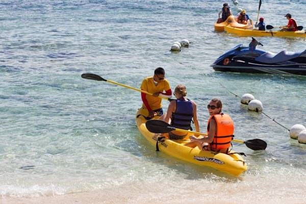 Kayaking in an ocean.
