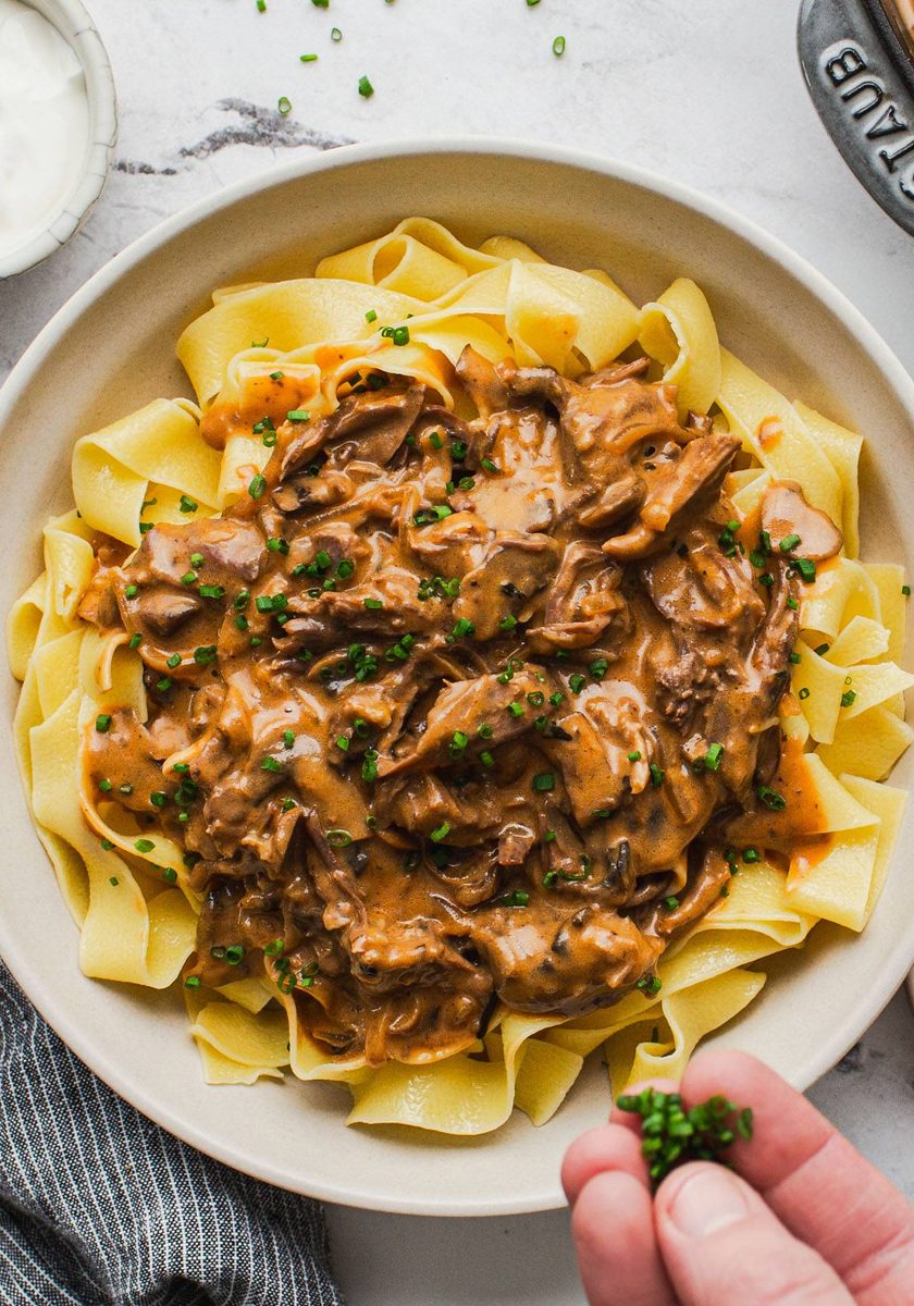 Beef stroganoff in a bowl.