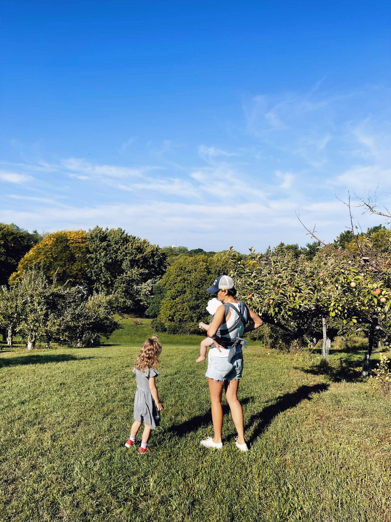 Woman and kids at an apple orchard. 